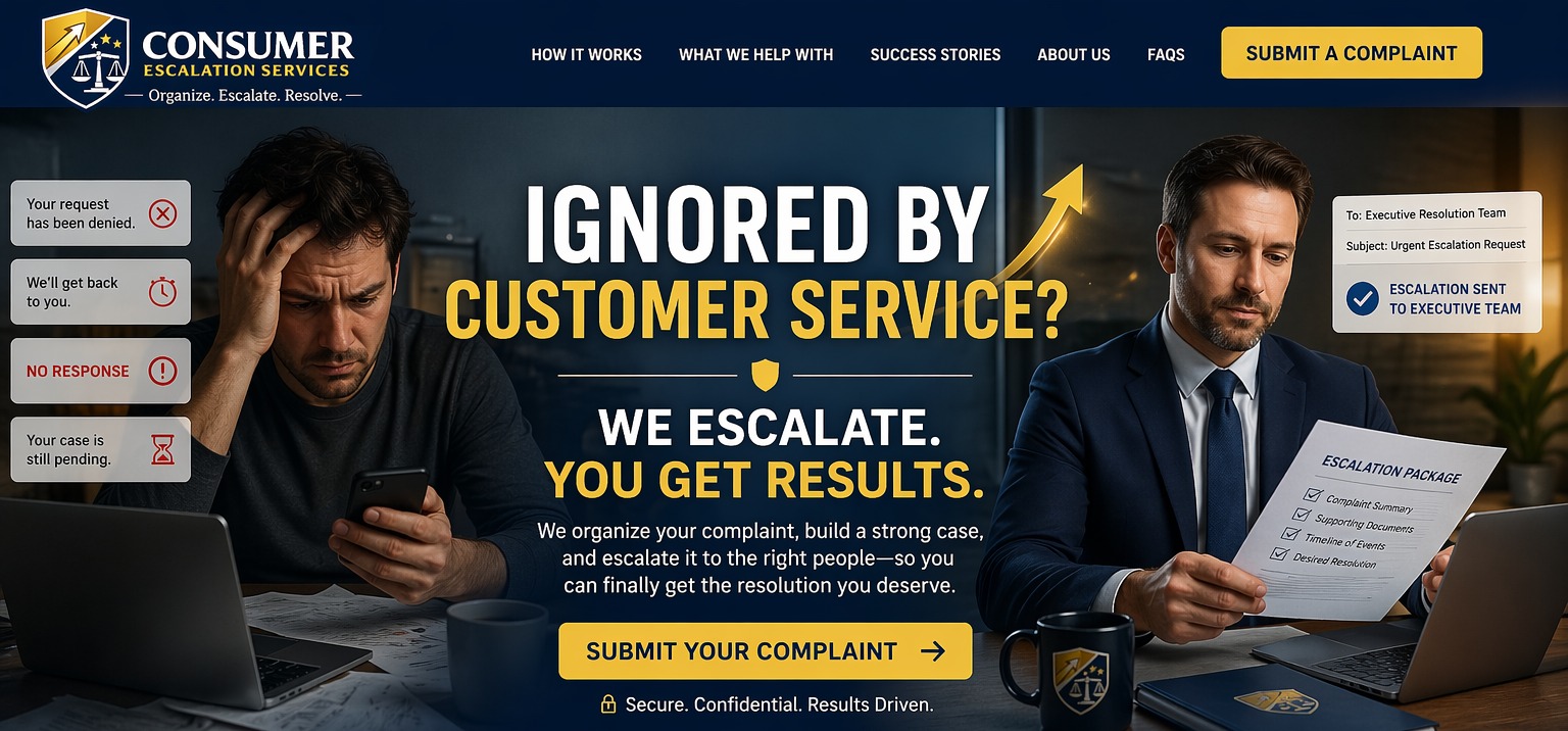 Ignored by customer service? We escalate — you get results. Consumer Escalation Services: organize your complaint, build a strong case, and escalate to the right people.