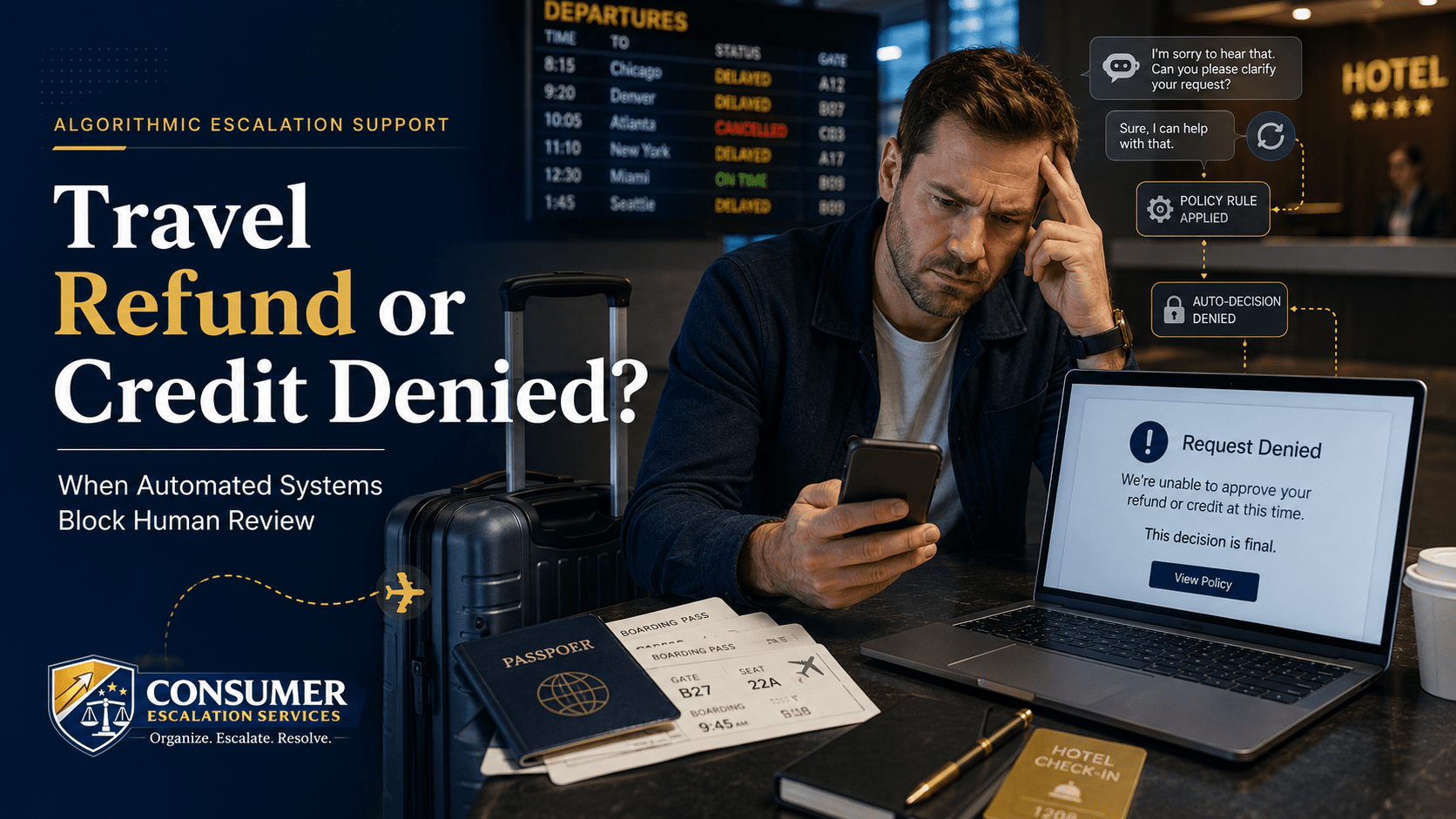 Traveler dealing with an automated travel refund or credit denial from an airline, hotel, or booking platform